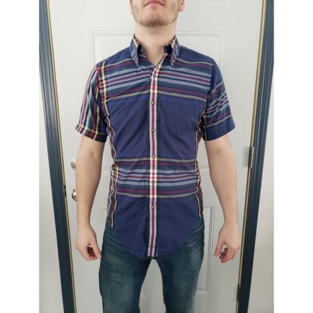 Vintage 80s Blue Plaid Short Sleeve Button Down